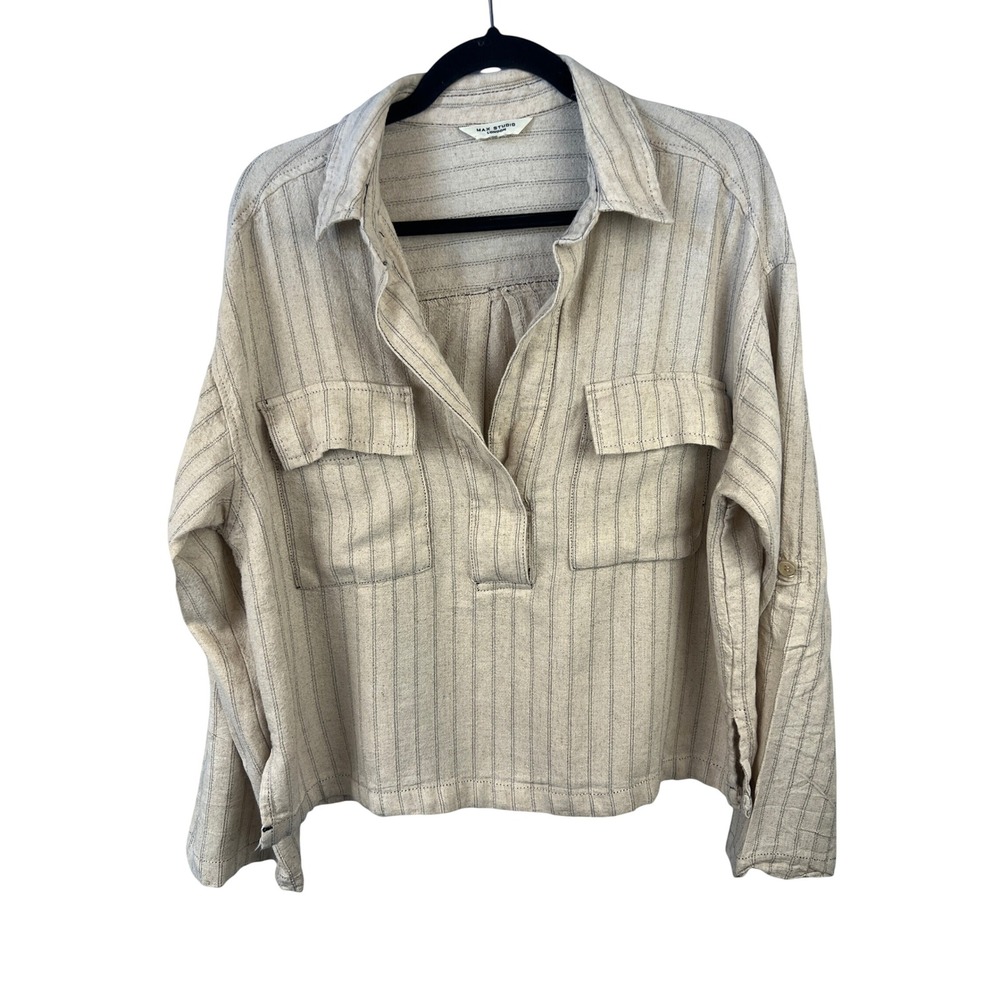 Max Studio Striped Linen Blend Roll Tab Relaxed Fit Beige Top Lagenlook Coastal